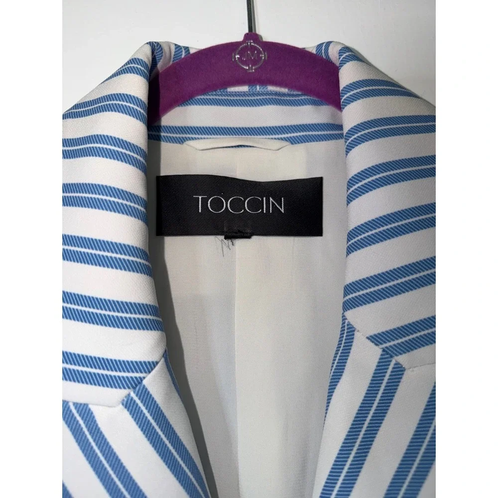 TOCCIN Blue White Striped Double Breasted Blazer Gold Button Peaked Lapel Jacket